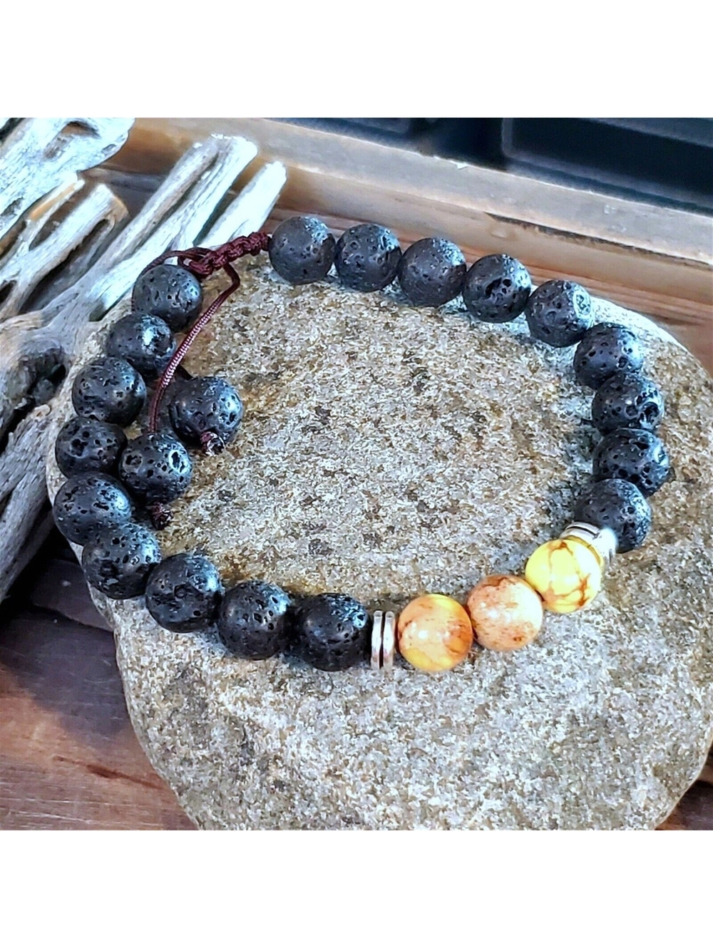 Handcrafted Chakra Bracelet Yellow Aqua Terra Jasper Black Lava